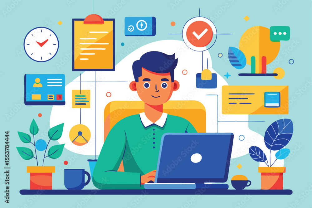 Man engaging in focused work at a laptop surrounded by various organizational elements in an office environment during daytime Man engaging in focused work at a laptop surrounded by various organizational elements in an office environment during daytime