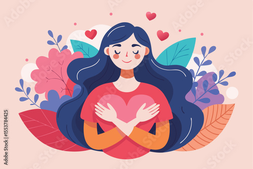 Cute girl embraces self-love in a colorful garden filled with flowers and hearts, promoting positivity and self-care in a serene setting