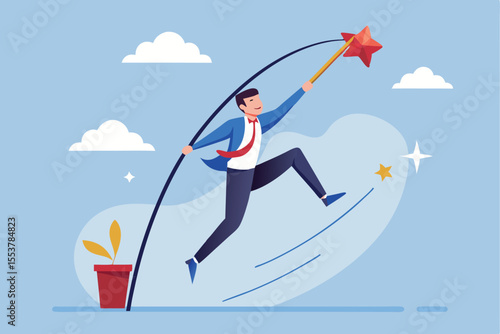 Businessman performing pole vault to reach a star in a vibrant sky with clouds and a plant in the background during a sunny day