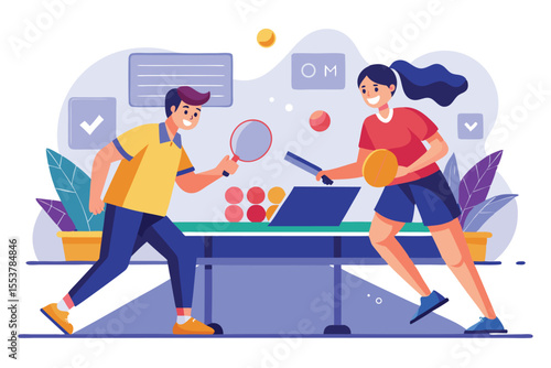 Two players engage in an exciting table tennis match, demonstrating skill and strategy in a vibrant indoor setting complete with colorful decor and equipment
