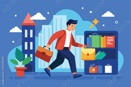 Professional individual carrying a briefcase and a bag walks past a colorful bookshelf in a cityscape during daytime