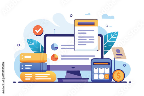 Electronic invoice concept design featuring organized desktop elements showcasing invoices, charts, and a calculator in a clean digital workspace
