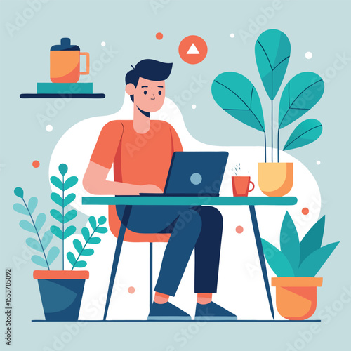 Vector flat illustration showcasing telecommuting lifestyle with a man working from home amidst plants and a cozy workspace in a modern setting