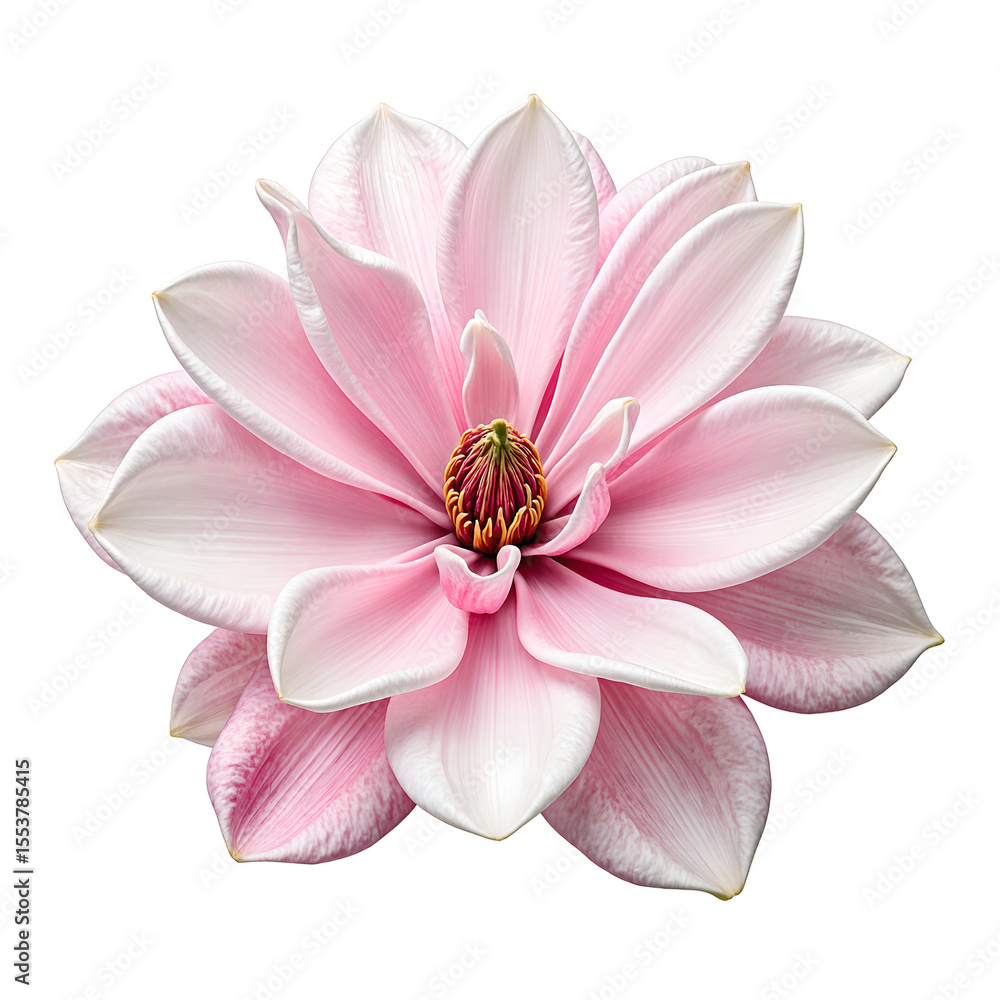 Delicate pink magnolia bloom with dense petals showcasing elegance and purity on a clean white backdrop Delicate pink magnolia bloom with dense petals showcasing elegance and purity on a clean white backdrop
