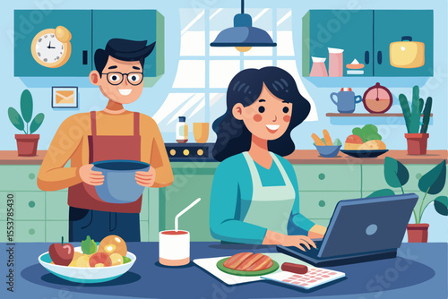 Happy wife prepares delicious food in a cozy kitchen for husband working from home during a bright afternoon