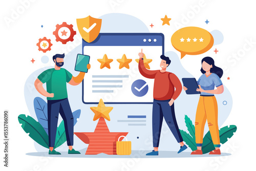 Feedback characters enthusiastically sharing five-star reviews in a vibrant digital environment with ratings icons