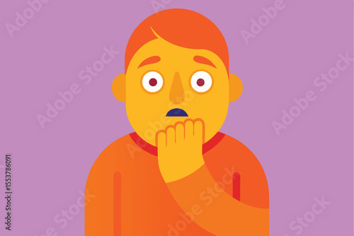 An orange person looks confused and anxious with a furrowed brow, contemplating thoughts while covering their mouth with one hand against a purple background during daytime