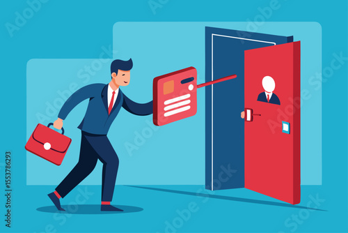 Businessman prepares to activate a red start button while entering a building, carrying a briefcase and demonstrating determination in a professional environment