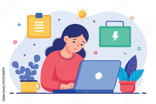 Burnout illustration depicting a tired woman focused on work on her laptop at home with plants and icons representing fatigue
