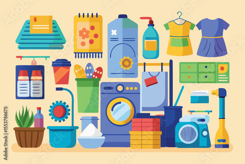 Laundry vector illustrations doodle collection featuring cleaning supplies, clothes, and household items in a colorful and organized layout for a fun, modern aesthetic
