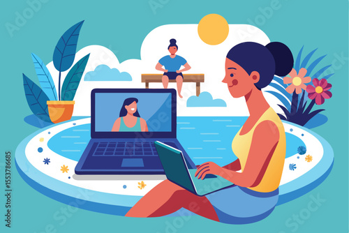 Woman enjoying a relaxing moment in a pool while working on her laptop, engaged in a virtual meeting on a sunny day