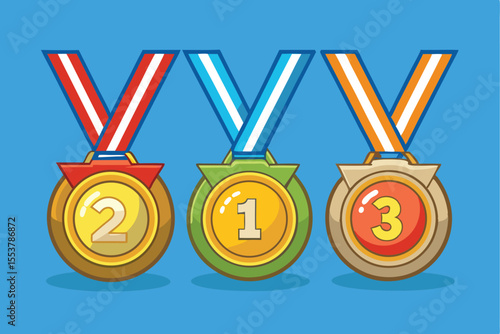 Colorful gold, silver, and bronze medals with decorative ribbons showcasing ranks two, one, and three for competitive achievements in sports events