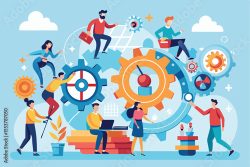 Business teamwork concept with diverse professionals collaborating on projects and utilizing technology in a vibrant, creative environment