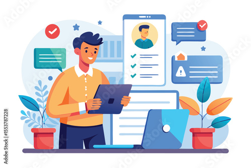 Recruiter evaluates online application while reviewing CV and communicating through digital platforms in a modern office setting