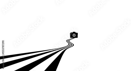 Abstract camera icon on black and white stripes path. Symbolic photographic journey concept image.  Photography path leads to camera symbol.
