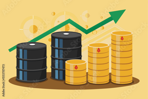 Oil barrels stacked on growing piles of golden coins illustrate economic growth in the energy sector amidst fluctuating market conditions