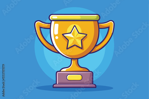Golden trophy cup representing achievement and success in a cartoon style with vibrant colors on a blue background