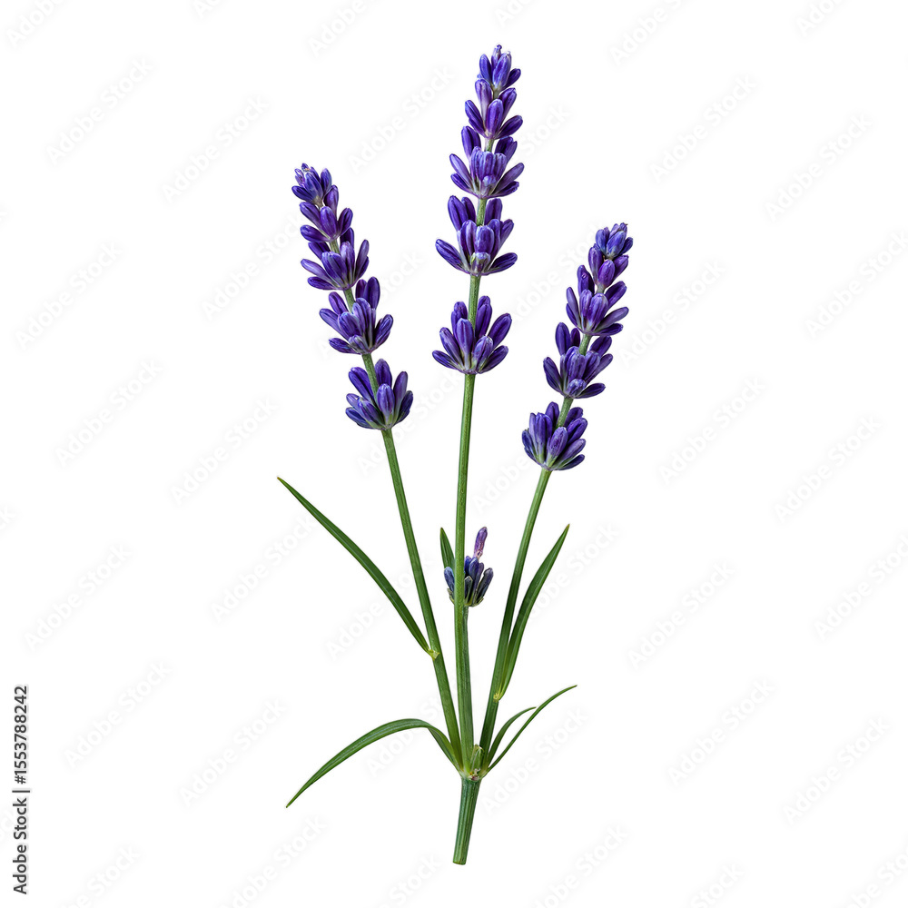 Obraz premium Close up of fragrant lavender sprigs with small purple buds isolated on a crisp white background Perfect for calming nature themed designs