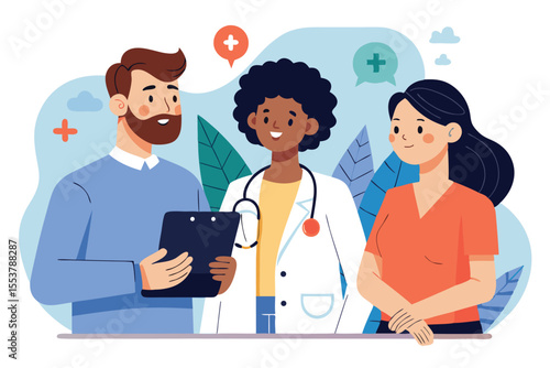 Female doctor engages in emotional conversation with American man and woman in a healthcare setting during daytime