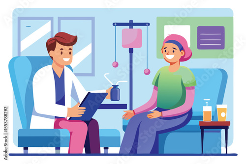 Doctor discusses chemotherapy treatment options with cancer patient in a clinical setting during a consultation appointment