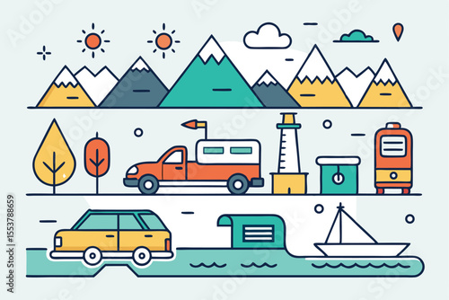 Illustrations of outdoor adventure activities showcasing vehicles, mountains, and scenic landscapes in a vibrant and modern style