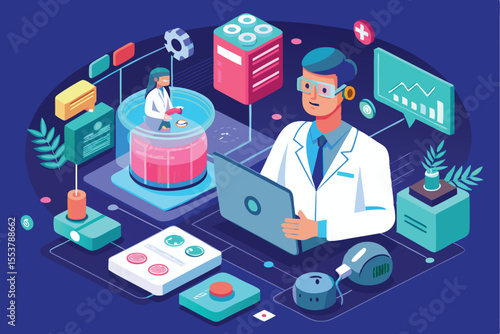 Doctor integrates artificial intelligence for advanced medical analysis and patient monitoring in a futuristic lab setting