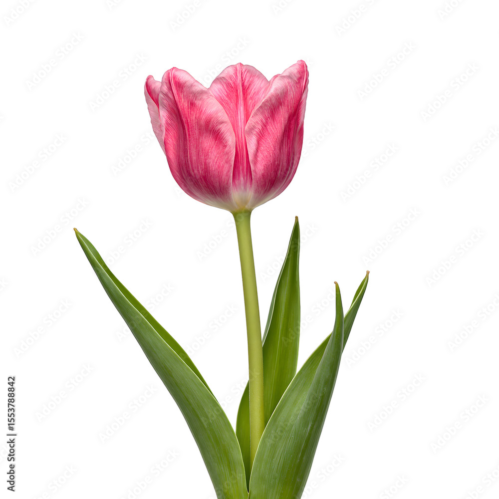 Fototapeta premium Vibrant pink tulip with lush green stem and leaves freshly cut and centered on a crisp white backdrop Perfect for spring concepts