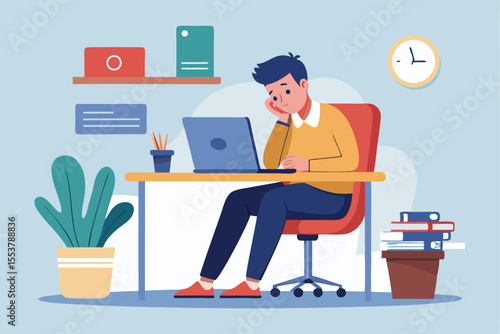 Tired employee sitting at a desk and working on a laptop in a modern office environment during the daytime
