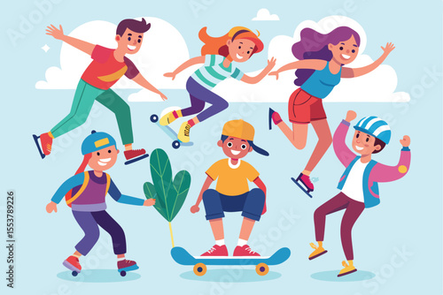 Teenagers skateboarding at a sunny park showcasing tricks and creativity during the afternoon, enjoying camaraderie and sportsmanship in an active environment