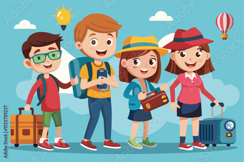 Cartoon style tourists exploring a vibrant destination with luggage and maps during a sunny day