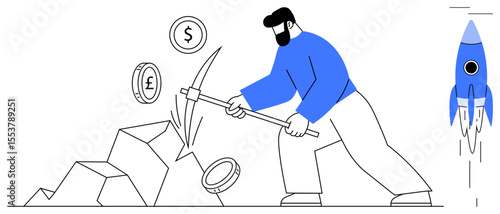 Man striking rocks with pickaxe, extracting dollar and pound symbols as coins fly. Rocket symbolizes entrepreneurship, innovation, advancement. Ideal for finance, investment, cryptocurrency
