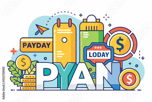 Fast cash options illustrated with payday loan elements featuring money symbols, financial tools, and quick service elements for immediate cash assistance in a colorful design