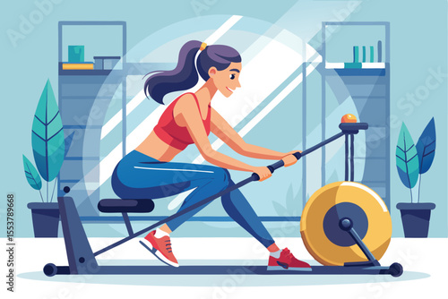 Indoor exercise session featuring a woman using a rowing machine for a full-body workout in a bright and modern fitness space