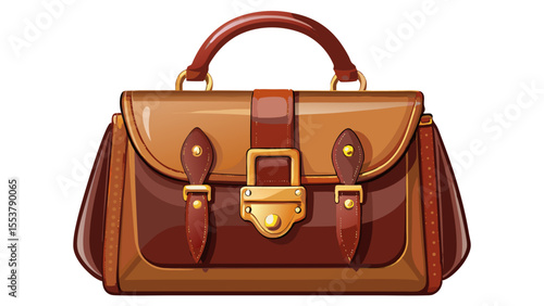 Beautiful Stylish brown leather handbag with gold clasp and top handle elegant design white background.