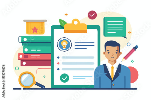 Business license illustration showing a professional with documentation and office supplies in a colorful, modern design