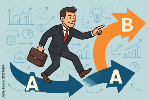 Businessman pivots from plan A to plan B, changing business strategy. Agile entrepreneur adapting to market conditions. Concept of change management, flexibility, and new opportunity.