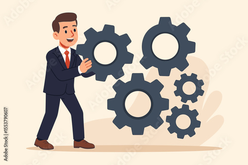 Businessman adding a missing gear to a cogwheel mechanism. Business development, solution, and strategy concept. Manager integrating a cog into the system for growth and progress. Teamwork metaphor.