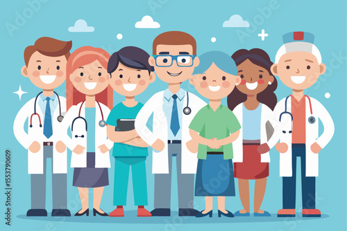 Team of friendly doctors in cartoon style showcasing healthcare diversity and teamwork in a bright and cheerful environment