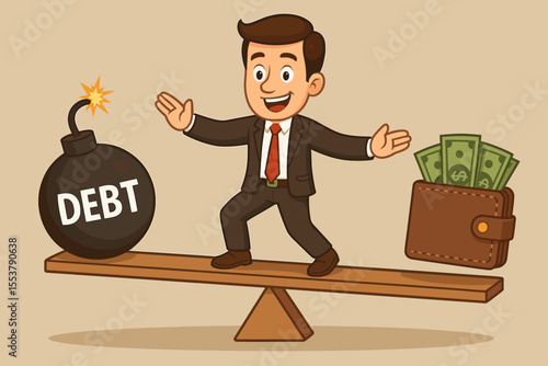 Businessman balancing on seesaw between debt bomb and wallet of cash. Financial risk management, debt crisis, money savings, investment, economic balance, business finance concept illustration