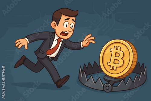 Businessman running toward bitcoin cryptocurrency coin caught in bear trap. Financial risk, digital currency scam, investment danger, blockchain fraud, money loss, caution concept illustration