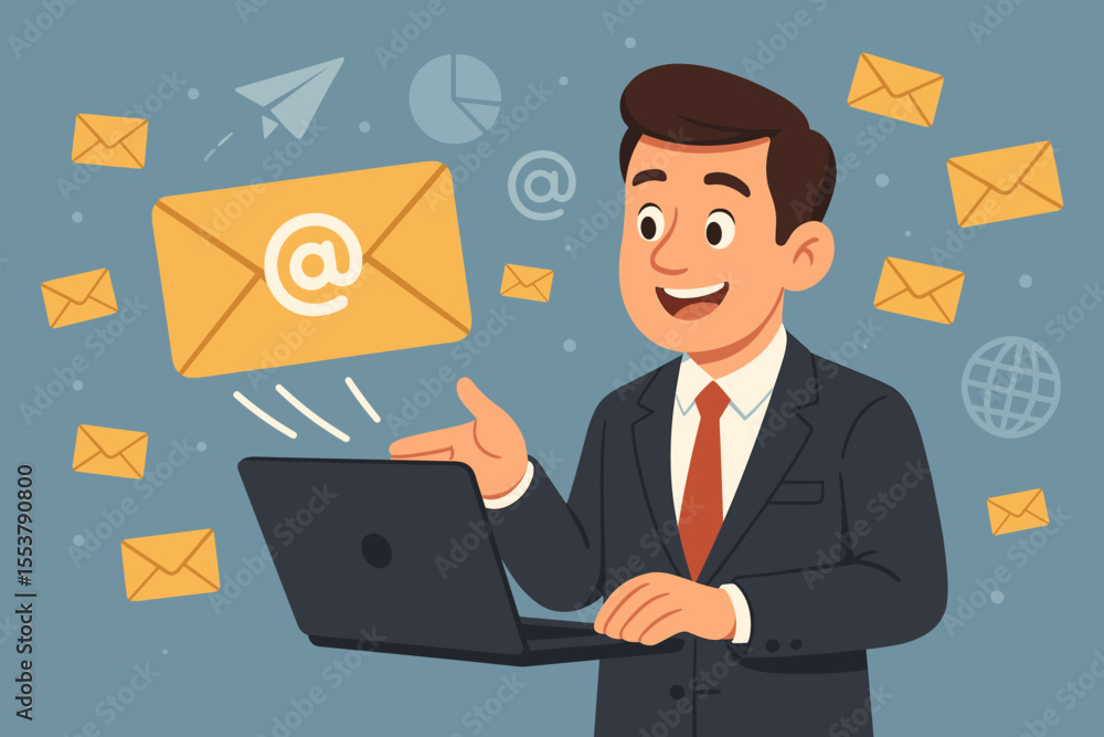 Businessman using laptop for email marketing and online communication. Cartoon office worker sending digital messages, electronic mail, internet business correspondence, workplace technology concept Businessman using laptop for email marketing and online communication. Cartoon office worker sending digital messages, electronic mail, internet business correspondence, workplace technology concept
