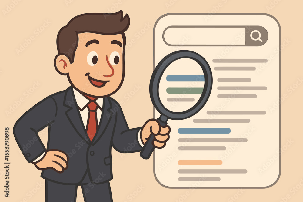 Cartoon businessman in suit analyzing search engine results with magnifying glass, SEO audit, digital marketing research, web analytics, data analysis, online investigation, vector illustration Cartoon businessman in suit analyzing search engine results with magnifying glass, SEO audit, digital marketing research, web analytics, data analysis, online investigation, vector illustration