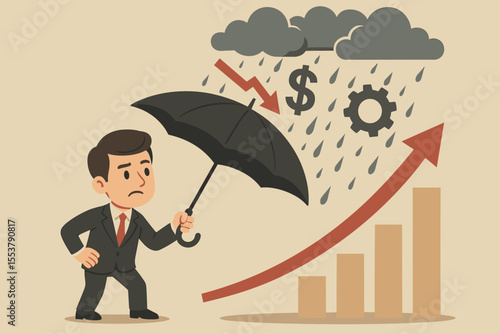 Businessman protecting stock market growth with umbrella from economic crisis, recession, financial downturn, risk, falling profits, cartoon vector illustration, business resilience concept