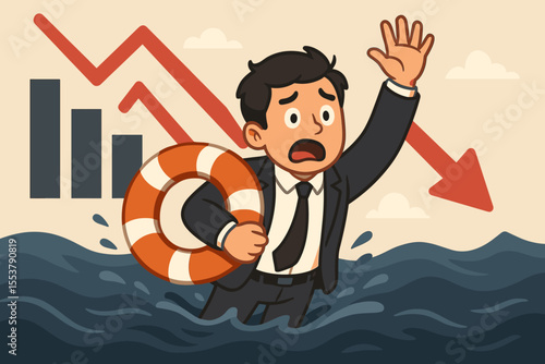Stressed businessman in suit holding lifebuoy struggling in water, financial crisis concept, stock market crash, economic downturn, sinking business, cartoon vector illustration, rescue metaphor