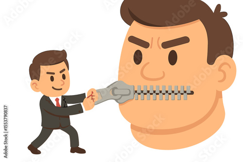 Businessman zipping mouth of giant head. Silence, censorship, freedom of speech, shut up, no talking, gag order, communication control, restriction, cartoon vector illustration, metaphor concept