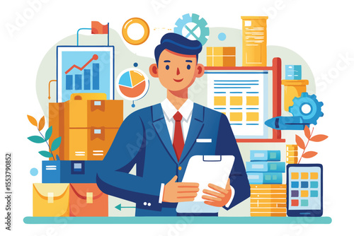 Businessman procurement manager reviewing supply charts and inventory in a modern office setting during the day