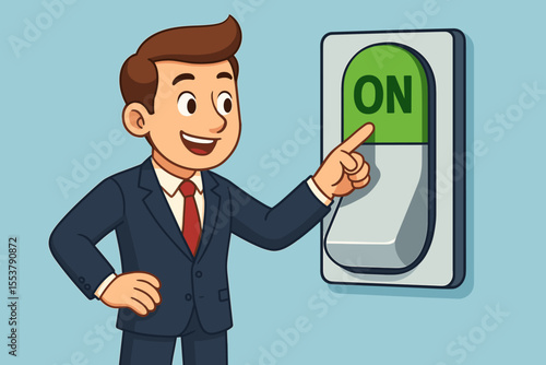 Businessman in Suit Turning On Large Switch, Starting New Project, Initiative, Motivation, Leadership, Decision Making, Success Concept, Vector Cartoon Illustration, Business Startup Symbol