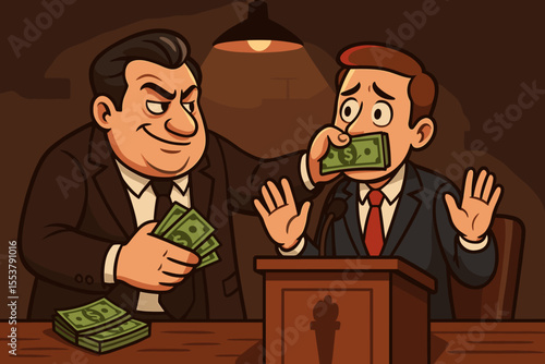 Corruption bribery concept. Lobbyist silencing politician with cash. Money influence, political corruption, hush money, illegal deal, backroom agreement, power abuse. Vector cartoon illustration