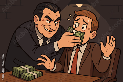 Corrupt lobbyist silencing politician with bribe money, buying influence, suppressing dissent, secret backroom deal, political corruption, unethical business, vector cartoon illustration