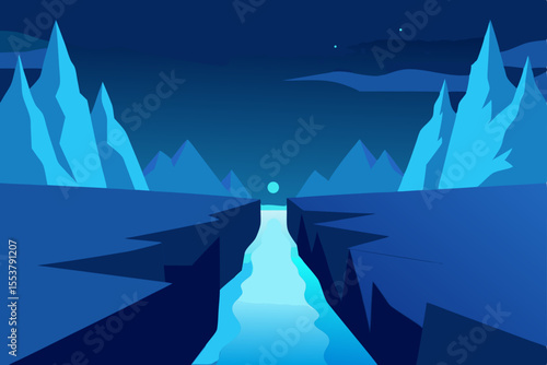 vast icy canyon with distant glowing mountain rang